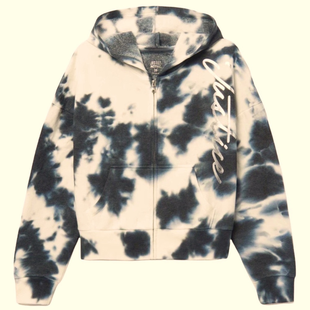 Justice Girls Hoodie Sweatshirt Black Tie Dye 10 Plus Full Zip Pockets Logo